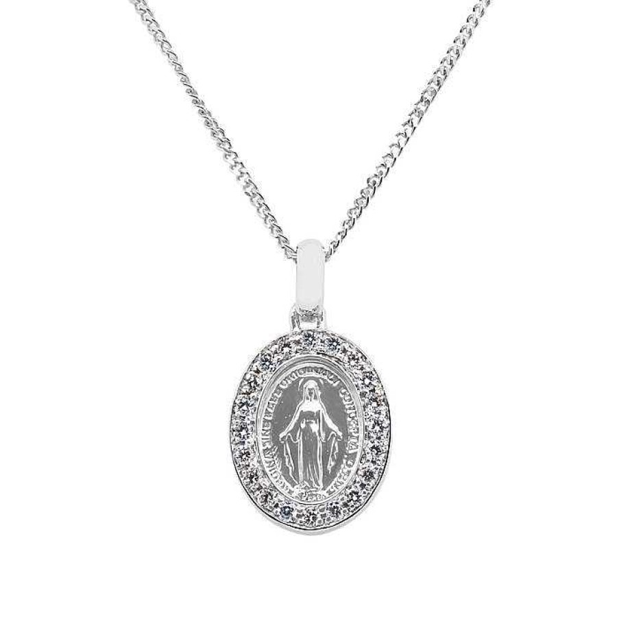 Joyas Pedro Luis Olivares | Colgante Ovalado De Oro Blanco Con Virgen Y Diamantes 0,10 Quilates