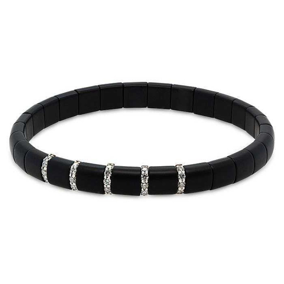 Joyas Pedro Luis Olivares | Pulsera El Stica De Cer Mica Negra, Oro Blanco Y Diamantes Talla Brillante Con 0.36 Quilates