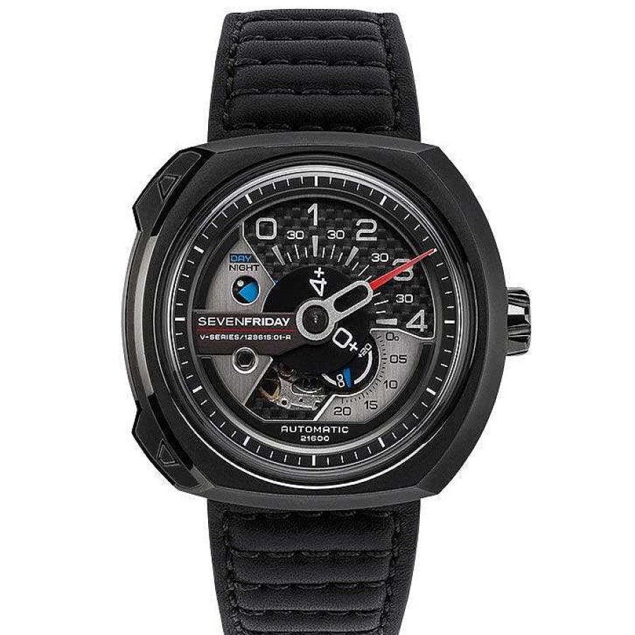 Relojes SevenFriday | Sevenfriday V Series Automatico V3/01 Cuero Negro 44.3 X 49.7Mm